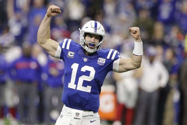 Indianapolis Colts quarterback Andrew Luck (12) celebrate a game-winning touchdown during the second half of an NFL football game against the New York Giants in Indianapolis, Sunday, Dec. 23, 2018. The Colts defeated the Giants 28-27. (AP Photo/Darron Cummings)