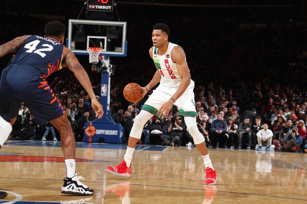 NEW YORK, NY - DECEMBER 25: Giannis Antetokounmpo #34 of the Milwaukee Bucks dribbles the ball during the game against the New York Knicks on Decemeber 25, 2018 at Madison Square Garden in New York City, New York.  NOTE TO USER: User expressly acknowledges and agrees that, by downloading and or using this photograph, User is consenting to the terms and conditions of the Getty Images License Agreement. Mandatory Copyright Notice: Copyright 2018 NBAE  (Photo by Nathaniel S. Butler/NBAE via Getty Images)