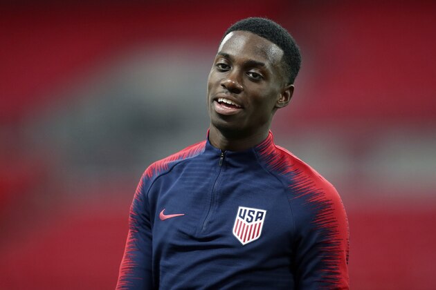 United States national soccer team player Timothy Weah attends a training session at Wembley Stadium in London, Wednesday, Nov. 14, 2018. The United States play England in an international friendly soccer match at Wembley stadium in London on Thursday. (AP Photo/Tim Ireland)