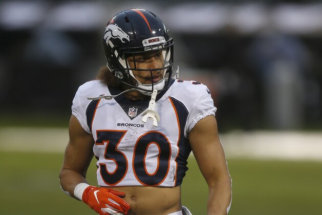 Denver Broncos running back Phillip Lindsay (30) before an NFL football game against the Oakland Raiders in Oakland, Calif., Monday, Dec. 24, 2018. (AP Photo/D. Ross Cameron)