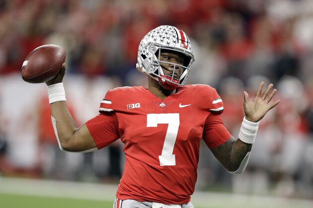 Ohio State quarterback Dwayne Haskins (7) throws during the first half of the Big Ten championship NCAA college football game against Northwestern, Saturday, Dec. 1, 2018, in Indianapolis. (AP Photo/Darron Cummings)