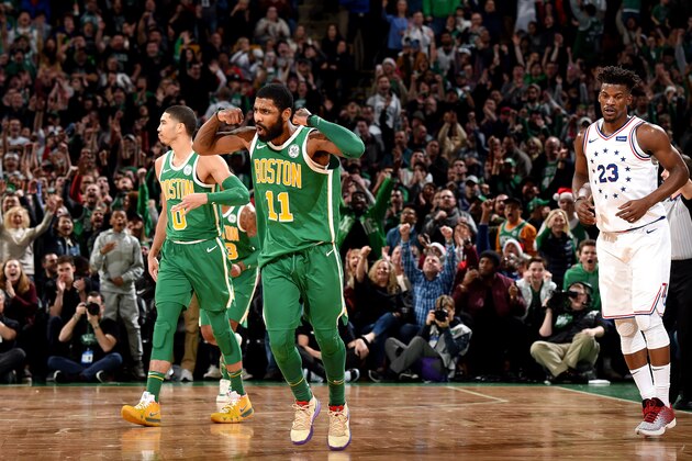 BOSTON, MA - DECEMBER 25: Kyrie Irving #11 of the Boston Celtics reacts against the Philadelphia 76ers on December 25, 2018 at the TD Garden in Boston, Massachusetts.  NOTE TO USER: User expressly acknowledges and agrees that, by downloading and or using this photograph, User is consenting to the terms and conditions of the Getty Images License Agreement. Mandatory Copyright Notice: Copyright 2018 NBAE  (Photo by Brian Babineau/NBAE via Getty Images)