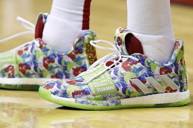 HOUSTON, TEXAS - DECEMBER 25: A a general look at the basketball shoe of James Harden #13 of the Houston Rockets at Toyota Center on December 25, 2018 in Houston, Texas. NOTE TO USER: User expressly acknowledges and agrees that, by downloading and or using this photograph, User is consenting to the terms and conditions of the Getty Images License Agreement. (Photo by Bob Levey/Getty Images)