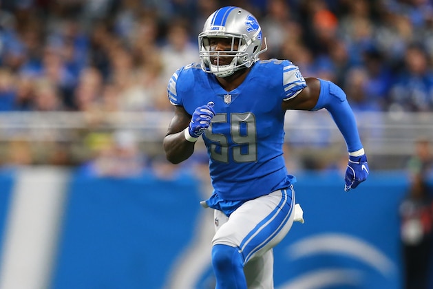 DETROIT, MI - SEPTEMBER 23: Marquis Flowers #59 of the Detroit Lions in game action in the second half against the New England Patriots at Ford Field on September 23, 2018 in Detroit, Michigan.  (Photo by Rey Del Rio/Getty Images)