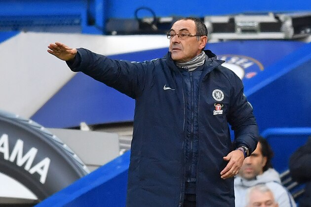 Chelsea's Italian head coach Maurizio Sarri gestures on the touchline during the English Premier League football match between Chelsea and Leicester City at Stamford Bridge in London on December 22, 2018. (Photo by Ben STANSALL / AFP) / RESTRICTED TO EDITORIAL USE. No use with unauthorized audio, video, data, fixture lists, club/league logos or 'live' services. Online in-match use limited to 120 images. An additional 40 images may be used in extra time. No video emulation. Social media in-match use limited to 120 images. An additional 40 images may be used in extra time. No use in betting publications, games or single club/league/player publications. /         (Photo credit should read BEN STANSALL/AFP/Getty Images)