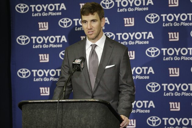 New York Giants quarterback Eli Manning (10) speaks during a press conference following an NFL football game against the Indianapolis Colts in Indianapolis, Sunday, Dec. 23, 2018. The Colts defeated the Giants 28-27. (AP Photo/AJ Mast)