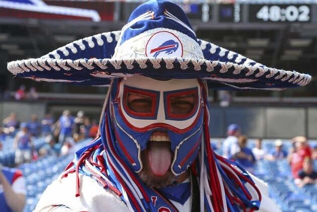 Buffalo Bills fan, Pancho Billa, poses for a photo prior to the game against the Los Angeles Chargers on Sunday, Sept. 16, 2018, in Orchard Park, N.Y. (AP Photo/Rich Barnes)