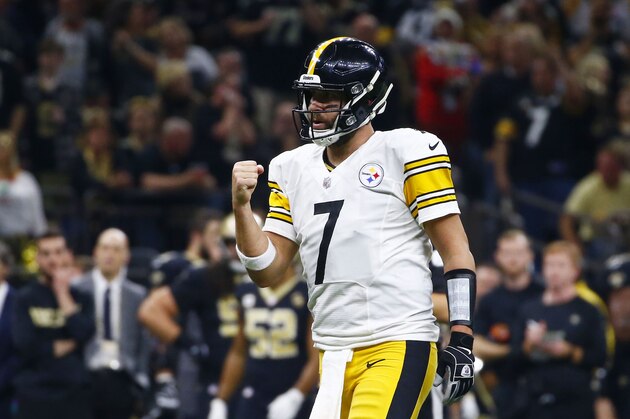 Pittsburgh Steelers quarterback Ben Roethlisberger (7) reacts after a touchdown pass in the first half of an NFL football game against the Pittsburgh Steelers in New Orleans, Sunday, Dec. 23, 2018. (AP Photo/Butch Dill)
