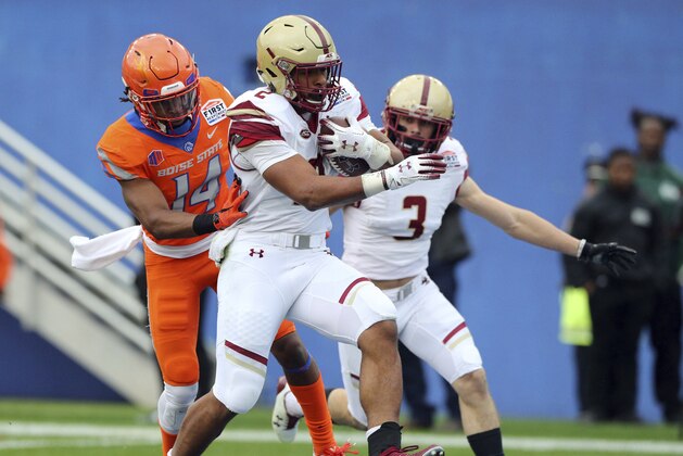 Boston College running back AJ Dillon (2) scores a touchdown ahead of Boise State cornerback Tyler Horton (14) during the first half of the First Responder Bowl NCAA football game Wednesday, Dec. 26, 2018, in Dallas. (AP Photo/Richard W. Rodriguez)