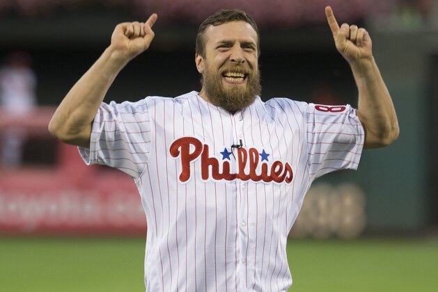 PHILADELPHIA, PA - SEPTEMBER 12: WWE wrestler Daniel Bryan reacts after throwing out the first pitch prior to the game between the Pittsburgh Pirates and Philadelphia Phillies at Citizens Bank Park on September 12, 2016 in Philadelphia, Pennsylvania. (Photo by Mitchell Leff/Getty Images)