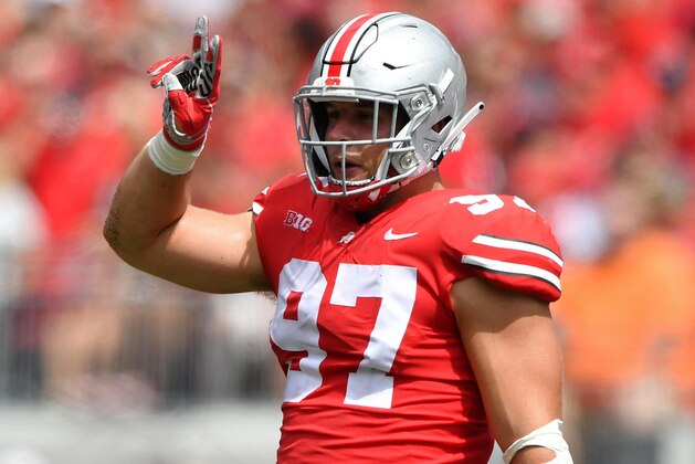 COLUMBUS, OH - SEPTEMBER 1:  Nick Bosa #97 of the Ohio State Buckeyes defends against the Oregon State Beavers at Ohio Stadium on September 1, 2018 in Columbus, Ohio. Ohio State defeated Oregon State 77-31.  (Photo by Jamie Sabau/Getty Images)