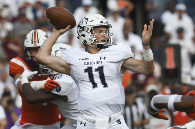 BLACKSBURG, VA - SEPTEMBER 22: Quarterback Blake LaRussa #11 of the Old Dominion Monarchs throws a pass against the Virginia Tech Hokies in the second half at S. B. Ballard Stadium on September 22, 2018 in Norfolk, Virginia. (Photo by Michael Shroyer/Getty Images)