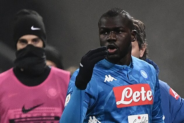 Napoli's Senegalese defender Kalidou Koulibaly reacts after receiving a red card during the Italian Serie A football match Inter Milan vs Napoli on December 26, 2018 at the San Siro stadium in Milan. (Photo by Marco BERTORELLO / AFP)        (Photo credit should read MARCO BERTORELLO/AFP/Getty Images)