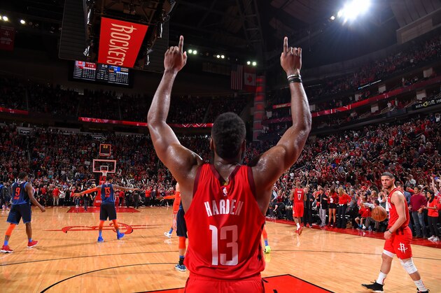 HOUSTON, TX - DECEMBER 25:  James Harden #13 of the Houston Rockets celebrates after the game against the Oklahoma City Thunder on December 25, 2018 at the Toyota Center in Houston, Texas. NOTE TO USER: User expressly acknowledges and agrees that, by downloading and or using this photograph, User is consenting to the terms and conditions of the Getty Images License Agreement. Mandatory Copyright Notice: Copyright 2018 NBAE (Photo by Bill Baptist/NBAE via Getty Images)