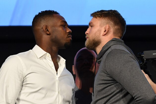 NEW YORK, NEW YORK - NOVEMBER 02:  (L-R) Opponents Jon Jones and Alexander Gustafsson of Sweden face off during the UFC 232 press conference inside Hulu Theater at Madison Square Garden on November 2, 2018 in New York, New York. (Photo by Jeff Bottari/Zuffa LLC/Zuffa LLC via Getty Images)