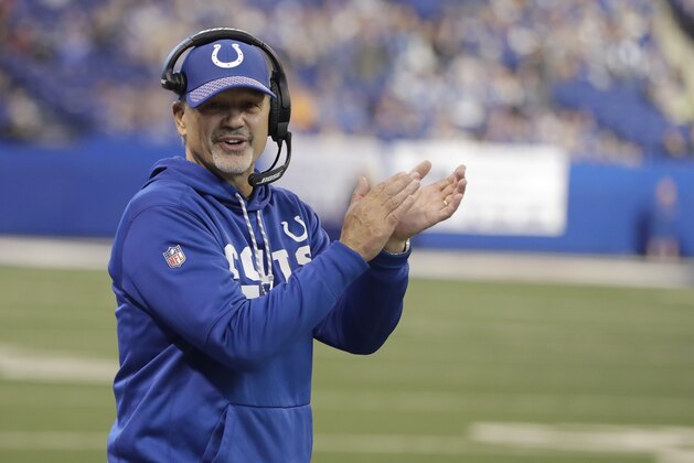 Indianapolis Colts head coach Chuck Pagano applauds during the second half of an NFL football game against the Houston Texans, Sunday, Dec. 31, 2017, in Indianapolis. Indianapolis won 22-13. (AP Photo/Darron Cummings)