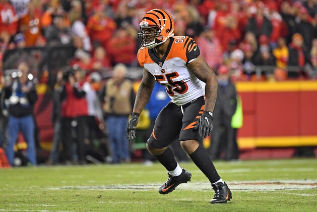 KANSAS CITY, MO - OCTOBER 21:  Linebacker Vontaze Burfict #55 of the Cincinnati Bengals gets set on defense against the Kansas City Chiefs during the first half on October 21, 2018 at Arrowhead Stadium in Kansas City, Missouri.  (Photo by Peter G. Aiken/Getty Images)