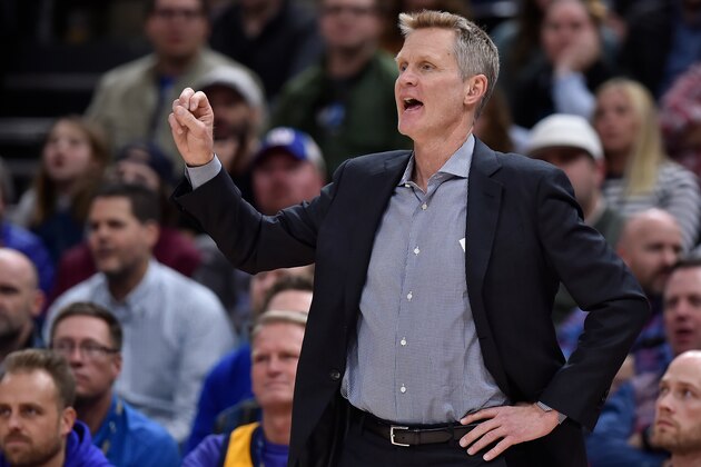 SALT LAKE CITY, UT - DECEMBER 19: Head coach Steve Kerr of the Golden State Warriors gestures from the sideline against the Utah Jazz in a NBA game at Vivint Smart Home Arena on December 19, 2018 in Salt Lake City, Utah. NOTE TO USER: User expressly acknowledges and agrees that, by downloading and or using this photograph, User is consenting to the terms and conditions of the Getty Images License Agreement. (Photo by Gene Sweeney Jr./Getty Images)