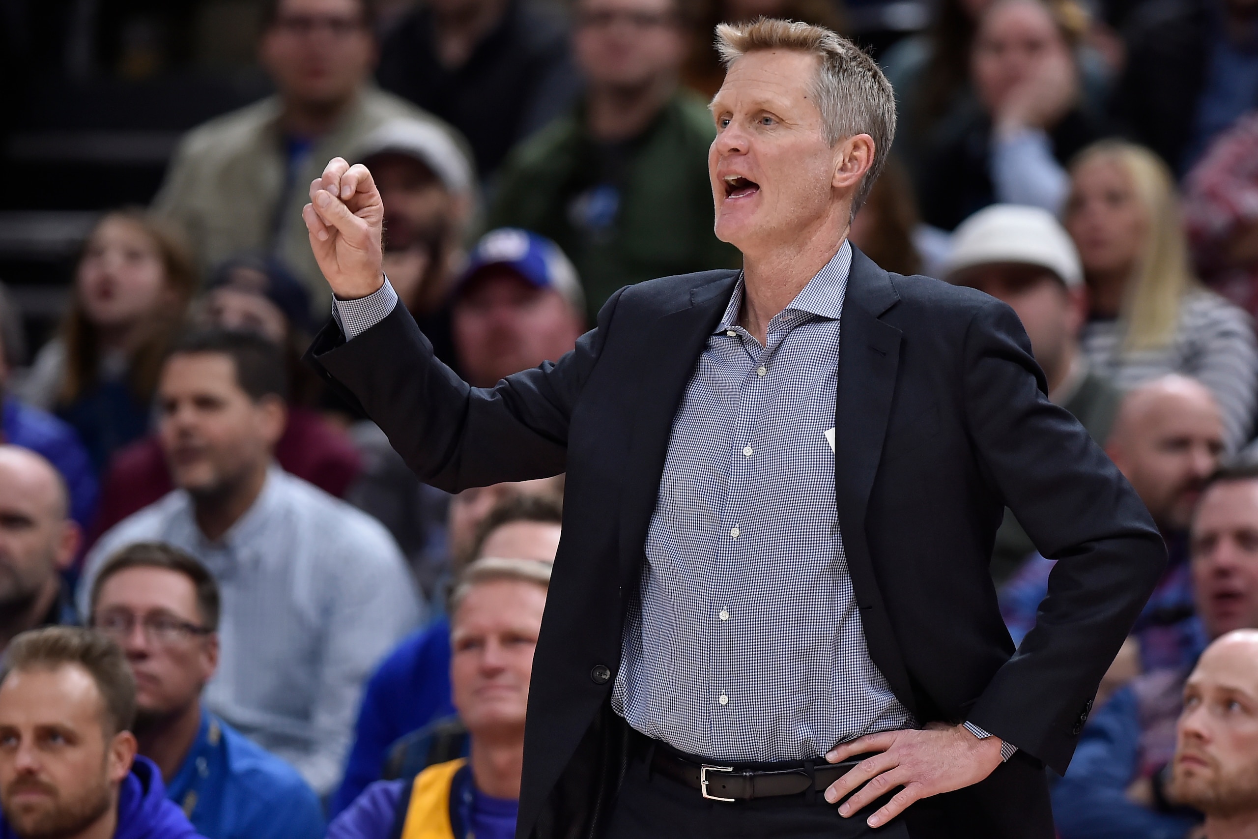 SALT LAKE CITY, UT - DECEMBER 19: Head coach Steve Kerr of the Golden State Warriors gestures from the sideline against the Utah Jazz in a NBA game at Vivint Smart Home Arena on December 19, 2018 in Salt Lake City, Utah. NOTE TO USER: User expressly acknowledges and agrees that, by downloading and or using this photograph, User is consenting to the terms and conditions of the Getty Images License Agreement. (Photo by Gene Sweeney Jr./Getty Images)