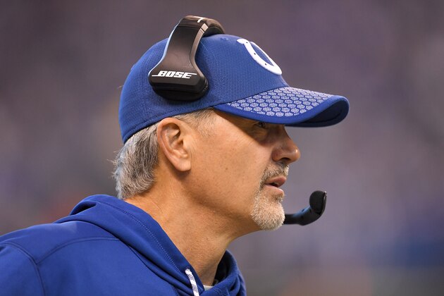 INDIANAPOLIS, IN - DECEMBER 31:  Head coach Chuck Pagano of the Indianapolis Colts looks on against the Houston Texans during the second half at Lucas Oil Stadium on December 31, 2017 in Indianapolis, Indiana.  (Photo by Stacy Revere/Getty Images)