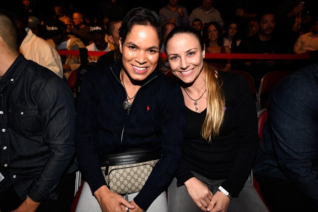 HOUSTON, TX - FEBRUARY 04:  UFC women's bantamweight champion Amanda Nunes of Brazil and girlfriend UFC fighter Nina Ansaroff pose for a picture during the UFC Fight Night event at the Toyota Center on February 4, 2017 in Houston, Texas. (Photo by Jeff Bottari/Zuffa LLC/Zuffa LLC via Getty Images)