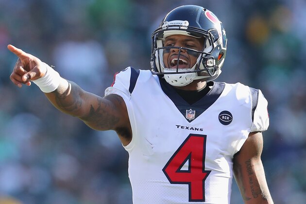 PHILADELPHIA, PA - DECEMBER 23:  Quarterback Deshaun Watson #4 of the Houston Texans reacts against the Philadelphia Eagles in the first half at Lincoln Financial Field on December 23, 2018 in Philadelphia, Pennsylvania.  (Photo by Brett Carlsen/Getty Images)