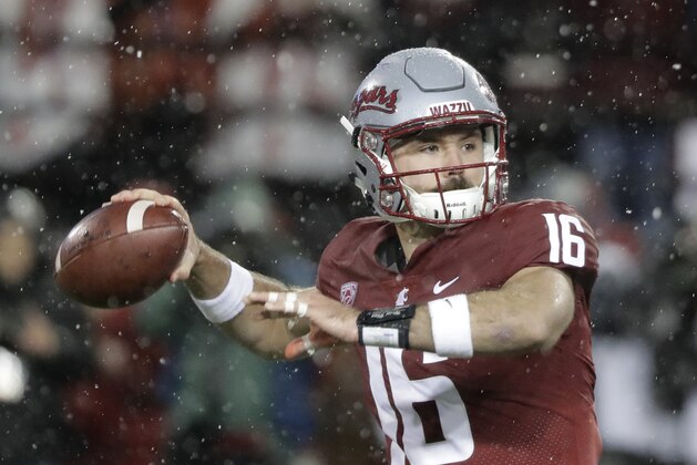 FILE - In this Nov. 23, 2018, file photo, Washington State quarterback Gardner Minshew passes against Washington during the first half of an NCAA college football game in Pullman, Wash. Minshew was named the Pac-12 offensive player of the year and the newcomer of the year Thursday, Dec. 6, 2018. (AP Photo/Ted S. Warren, File) FILE - In this Nov. 23, 2018, file photo, Washington State quarterback Gardner Minshew passes against Washington during the first half of an NCAA college football game in Pullman, Wash. Minshew was named the Pac-12 offensive player of the year and the newcomer of the year Thursday, Dec. 6, 2018. (AP Photo/Ted S. Warren, File)