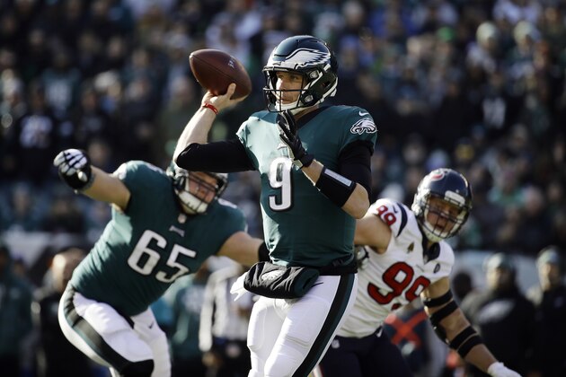 Philadelphia Eagles' Nick Foles passes during the first half of an NFL football game against the Houston Texans, Sunday, Dec. 23, 2018, in Philadelphia. (AP Photo/Matt Rourke)