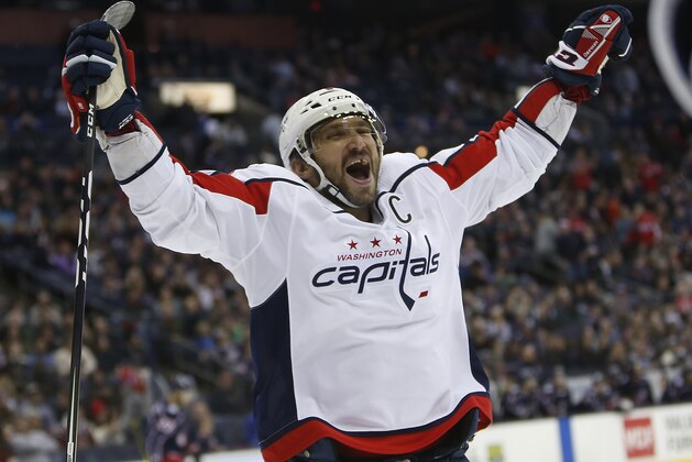Washington Capitals' Alex Ovechkin, of Russia, celebrates their goal against the Columbus Blue Jackets during the third period of an NHL hockey game, Saturday, Dec. 8, 2018, in Columbus, Ohio. The Capitals beat the Blue Jackets 4-0. (AP Photo/Jay LaPrete)