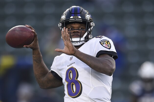 Baltimore Ravens quarterback Lamar Jackson warms up before an NFL football game against the Los Angeles Chargers Saturday, Dec. 22, 2018, in Carson, Calif. (AP Photo/Kelvin Kuo)