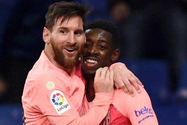 BARCELONA, SPAIN - DECEMBER 08: Ousmane Dembele of Barcelona celebrates after scoring his team's second goal with Lionel Messi of Barcelona during the La Liga match between RCD Espanyol and FC Barcelona at RCDE Stadium on December 8, 2018 in Barcelona, Spain.  (Photo by Alex Caparros/Getty Images)