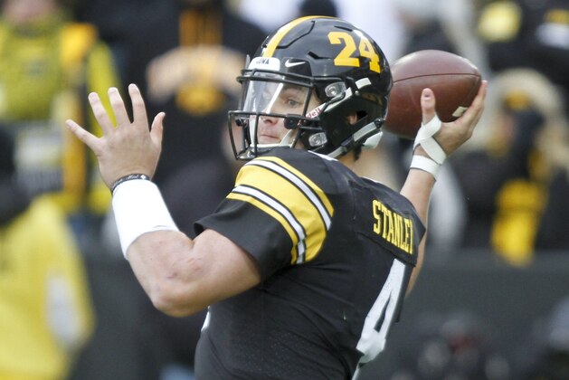 IOWA CITY, IOWA - NOVEMBER 10:  Quarterback Nate Stanley #4 of the Iowa Hawkeyes drops back to throw a pass during the first half against the Northwestern Wildcats on November 10, 2018 at Kinnick Stadium, in Iowa City, Iowa.  (Photo by Matthew Holst/Getty Images)