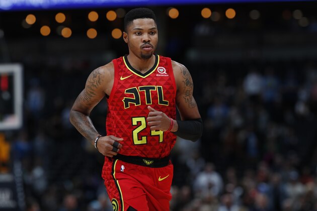 Atlanta Hawks guard Kent Bazemore (24) in the first half of an NBA basketball game Thursday, Nov. 15, 2018, in Denver. (AP Photo/David Zalubowski)