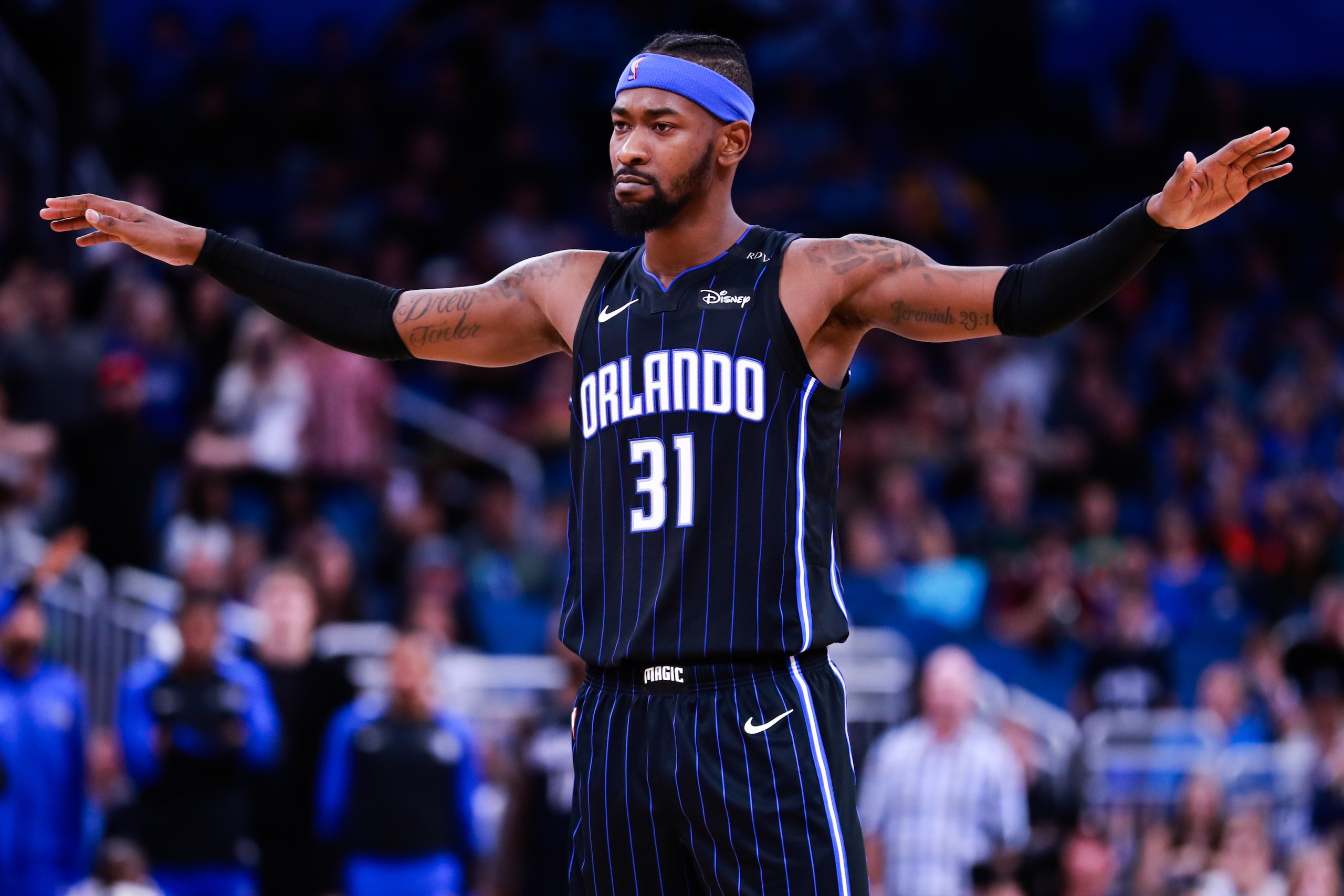 ORLANDO, FLORIDA - DECEMBER 26: Terrence Ross #31 of the Orlando Magic quiets the crowd as they prepare for free throws against the Phoenix Suns in the closing moments of the fourth quarter at Amway Center on December 26, 2018 in Orlando, Florida. NOTE TO USER: User expressly acknowledges and agrees that, by downloading and or using this photograph, User is consenting to the terms and conditions of the Getty Images License Agreement. (Photo by Harry Aaron/Getty Images)