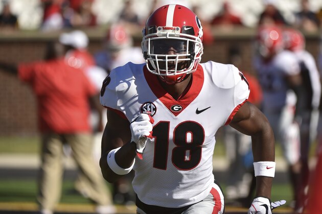 COLUMBIA, MO - SEPTEMBER 22: Defensive back Deandre Baker #18 of the Georgia Bulldogs warms up prior to a game against the Missouri Tigers at Memorial Stadium on September 22, 2018 in Columbia, Missouri. (Photo by Ed Zurga/Getty Images)
