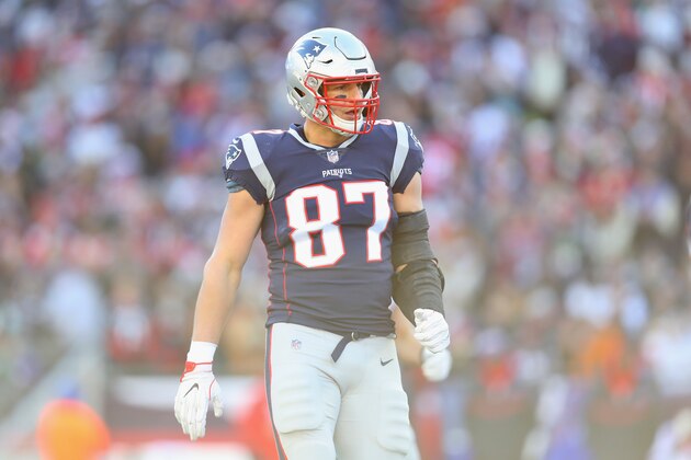 FOXBOROUGH, MA - DECEMBER 23:  Rob Gronkowski #87 of the New England Patriots looks on during the first half against the Buffalo Bills at Gillette Stadium on December 23, 2018 in Foxborough, Massachusetts.  (Photo by Maddie Meyer/Getty Images)