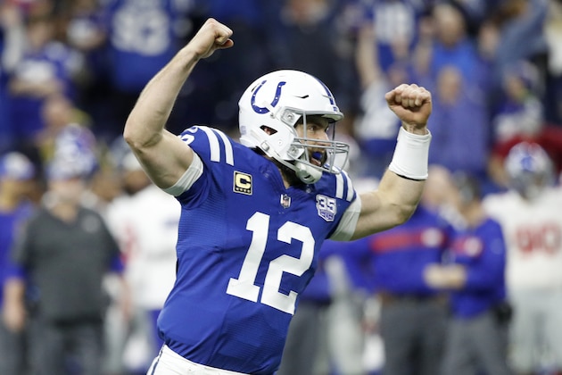 INDIANAPOLIS, INDIANA - DECEMBER 23: Andrew Luck #12 of the Indianapolis Colts celebrates after a touchdown in the game against the New York Giants in the third quarter at Lucas Oil Stadium on December 23, 2018 in Indianapolis, Indiana. (Photo by Joe Robbins/Getty Images)