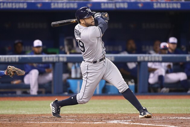 TORONTO, ON - SEPTEMBER 20: Tommy Pham #29 of the Tampa Bay Rays hits an RBI triple in the fourth inning during MLB game action against the Toronto Blue Jays at Rogers Centre on September 20, 2018 in Toronto, Canada. (Photo by Tom Szczerbowski/Getty Images)
