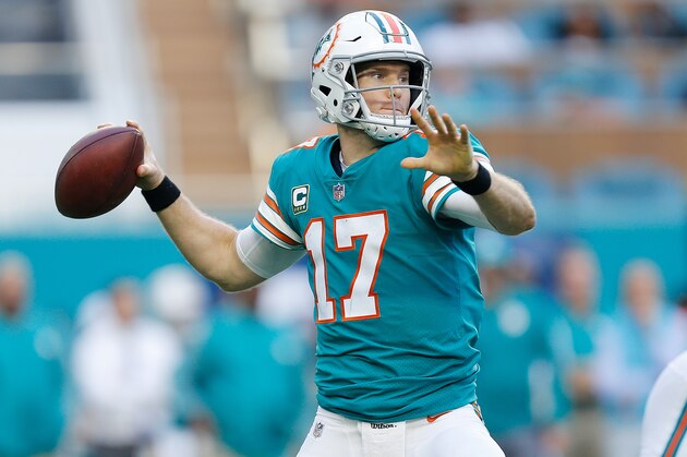 MIAMI, FL - DECEMBER 23:  Ryan Tannehill #17 of the Miami Dolphins throws a pass against the Jacksonville Jaguars at Hard Rock Stadium on December 23, 2018 in Miami, Florida.  (Photo by Michael Reaves/Getty Images)