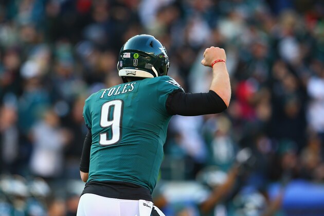 PHILADELPHIA, PA - DECEMBER 23:  Quarterback Nick Foles #9 of the Philadelphia Eagles celebrates after throwing a touchdown pass to wide receiver Nelson Agholor #13 (not pictured) against the Houston Texans during the third quarter at Lincoln Financial Field on December 23, 2018 in Philadelphia, Pennsylvania.  (Photo by Mitchell Leff/Getty Images)