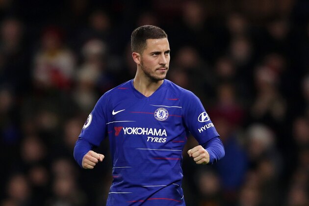 WATFORD, ENGLAND - DECEMBER 26:  Eden Hazard of Chelsea celebrates after scoring his team's second goal from the penalty spot during the Premier League match between Watford FC and Chelsea FC at Vicarage Road on December 26, 2018 in Watford, United Kingdom.  (Photo by Richard Heathcote/Getty Images)