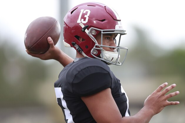 Alabama quarterback Tua Tagovailoa sets back to pass the ball during an NCAA college football practice on Wednesday, Dec. 26, 2018, in Miami Shores, Fla. Alabama plays Oklahoma in the Orange Bowl on Dec. 29. (AP Photo/Brynn Anderson)