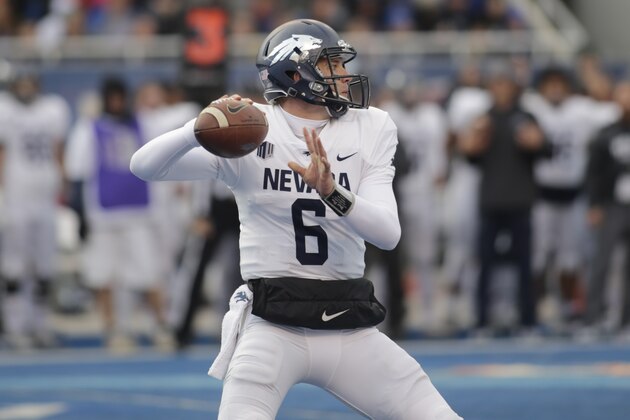 Nevada quarterback Ty Gangi (6) passes during the first half of an NCAA college football game against Boise State in Boise, Idaho, Saturday, Nov. 4, 2017. (AP Photo/Otto Kitsinger)