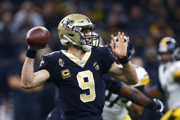 New Orleans Saints quarterback Drew Brees (9) passes in the first half of an NFL football game against the Pittsburgh Steelers in New Orleans, Sunday, Dec. 23, 2018. (AP Photo/Butch Dill)