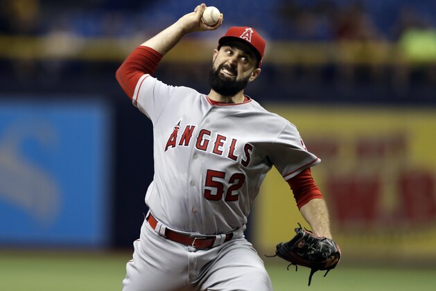 Los Angeles Angels starting pitcher Matt Shoemaker delivers to the Tampa Bay Rays during the first inning of a baseball game Tuesday, May 23, 2017, in St. Petersburg, Fla. (AP Photo/Chris O'Meara)