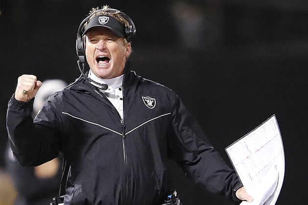 Oakland Raiders head coach Jon Gruden reacts during the second half of an NFL football game against the Denver Broncos in Oakland, Calif., Monday, Dec. 24, 2018. (AP Photo/John Hefti)