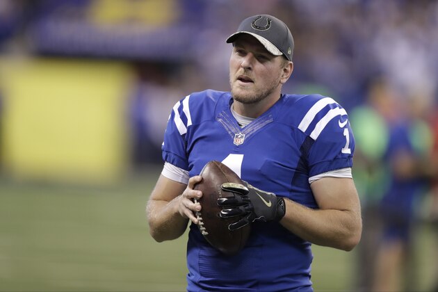 Indianapolis Colts punter Pat McAfee (1) warms up before an NFL football game Tennessee Titans in Indianapolis, Sunday, Nov. 20, 2016. (AP Photo/Darron Cummings)
