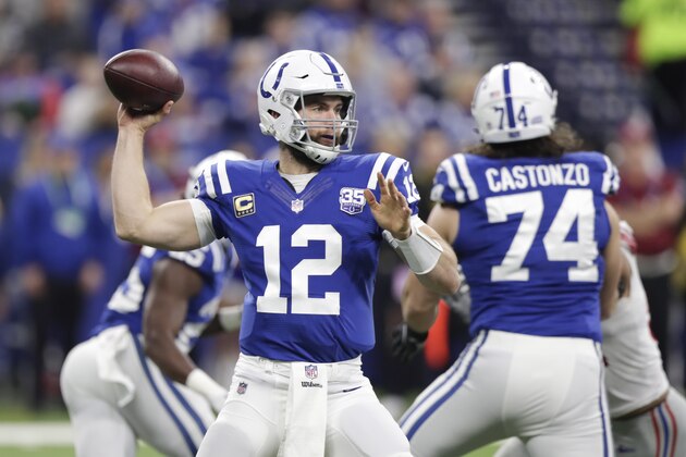 Indianapolis Colts quarterback Andrew Luck (12) throws against the New York Giants during the first half of an NFL football game in Indianapolis, Sunday, Dec. 23, 2018. (AP Photo/Michael Conroy)