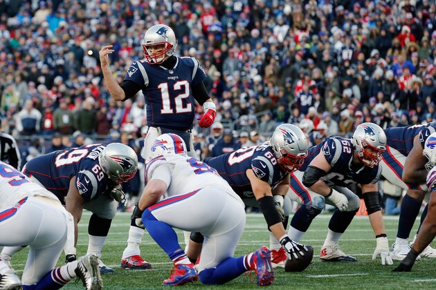 FOXBOROUGH, MA - DECEMBER 23:  Tom Brady #12 of the New England Patriots communicates at the line of scrimmage during the second half against the Buffalo Bills at Gillette Stadium on December 23, 2018 in Foxborough, Massachusetts.  (Photo by Jim Rogash/Getty Images)