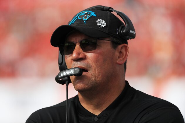 TAMPA, FLORIDA - DECEMBER 02: Head coach Ron Rivera of the Carolina Panthers watches the replay board during the first quarter against the Tampa Bay Buccaneers at Raymond James Stadium on December 02, 2018 in Tampa, Florida. (Photo by Mike Ehrmann/Getty Images)